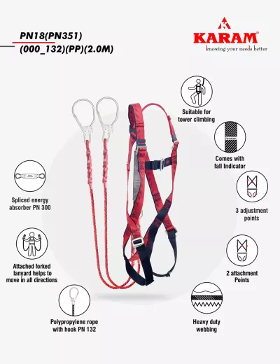 KARAM Full Body E-Con Harness for Tower Climbing (CLASS L) with PN351(PP) Hook PN132 Forked Lanyards with Energy Absorber, PN18(PN351)(000_132)(PP)(2.