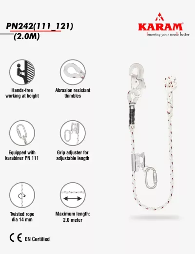 KARAM 2 mtr Twisted Rope, Work Positioning Lanyard with Grip Adjuster RG03