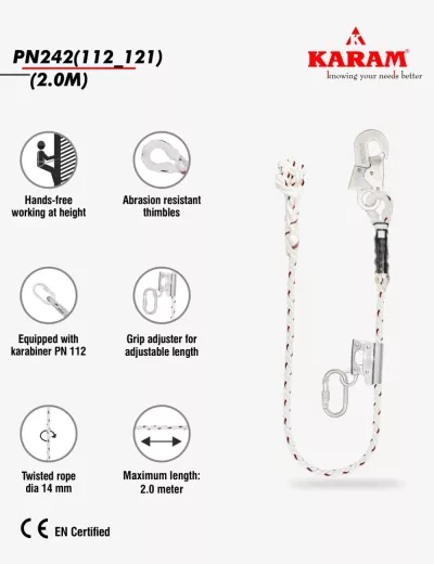 KARAM 2 m, Work Positioning Lanyard with Rope Grab RG03, Karabiner PN112 and Hook PN121