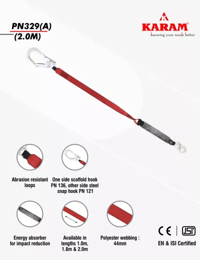 KARAM 2 m, Energy Absorbing 44mm Webbing Lanyard One Side Hook PN121 and Other Side Hook PN136, PN329(A)(2.0M)