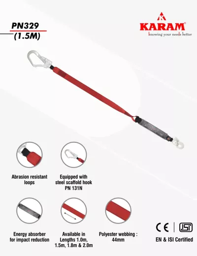 KARAM 1.5 m, Energy Absorbing 44mm Webbing Lanyard One Side Hook PN121 and Other Side Hook PN131N, PN329(1.5M)