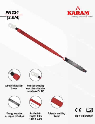 KARAM 2 m, Energy Absorbing 44mm Webbing Lanyard One Side Loop and Other Side Hook PN121, PN324(2.0M)