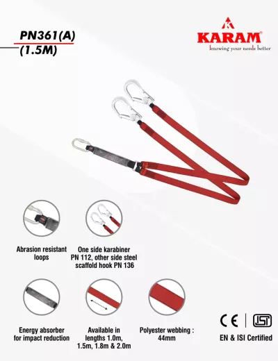KARAM Forked Lanyard with Energy Absorber Both Side Hook PN136 (Aluminium)