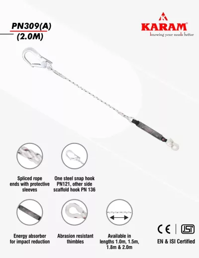 KARAM 2 m, Energy Absorbing Twisted Rope Lanyard One Side Hook PN121 and Other Side Hook PN136, PN309(A)(2.0M)