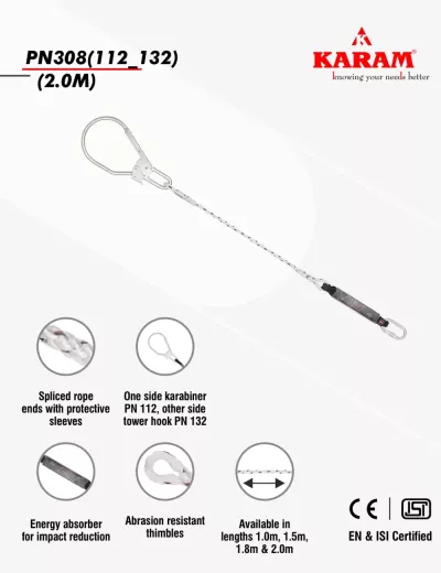 KARAM 2 m, Energy Absorbing Twisted Rope Lanyard One Side Karabiner PN112 and Other Side Hook PN131N, PN308(112_132)(2.0M)