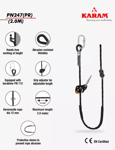 KARAM 2 m, Work Positioning Lanyard with Grip Adjuster RG07, Protective Sleeve (Kernmantle Rope), PN247(PR)(2.0M)