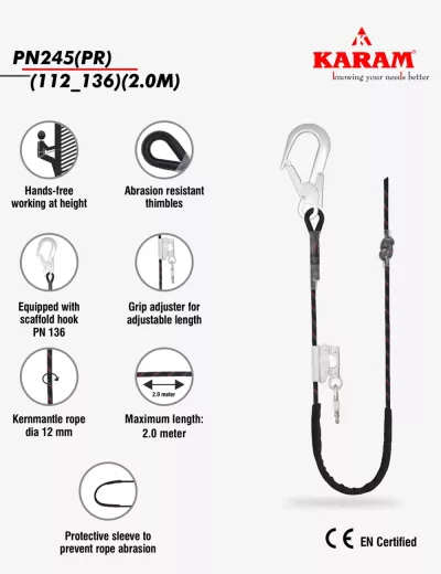 KARAM 2 m, Work Positioning Lanyard with Grip Adjuster RG03, Protective Sleeve, PN112 + PN136, PN245(PR)(112_136)(2.0M)