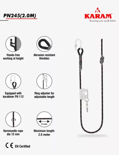 KARAM 2 m, Work Positioning Lanyard with Grip Adjuster RG03 and Karabiners PN112 at Both Ends, PN245(2.0M)