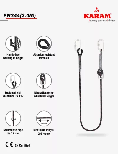 KARAM 2 m, Work Positioning Lanyard with Ring Type Adjuster (Kernmantle Rope), PN244(2.0M)
