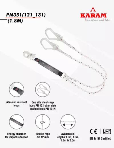 KARAM, Forked Lanyard with Energy Absorber One Side Hook PN121 and Other Side Hook PN131