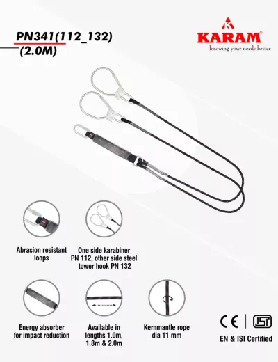 KARAM 2 m,Forked Lanyard with Energy Absorber and Connectors PN112 & PN132, PN341(112_132)(2.0M)