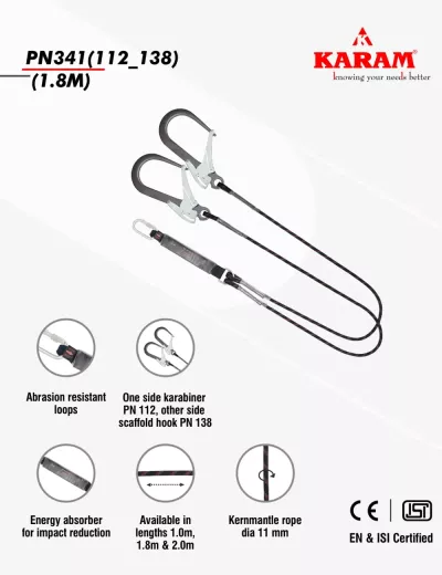 KARAM 1.8 m, Forked Lanyard with Energy Absorber and Connectors PN112 & PN138, PN341(112_138)(1.8M)