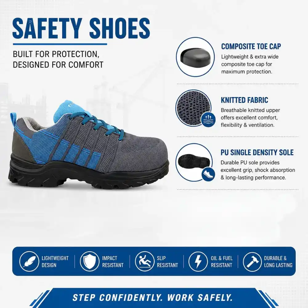 FUEL Aqua Knitted Upper in PU Sole with 200J Composite Toe Lightweight Industrial Work Safety Shoes for Men (Blue)
