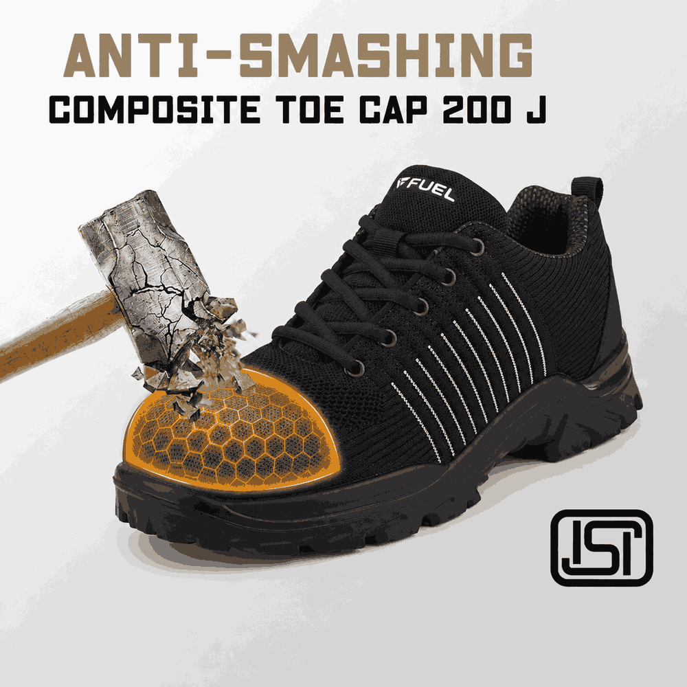 FUEL Aqua Knitted Upper in PU Sole with 200J Composite Toe Lightweight Industrial Work Safety Shoes for Men (Black)