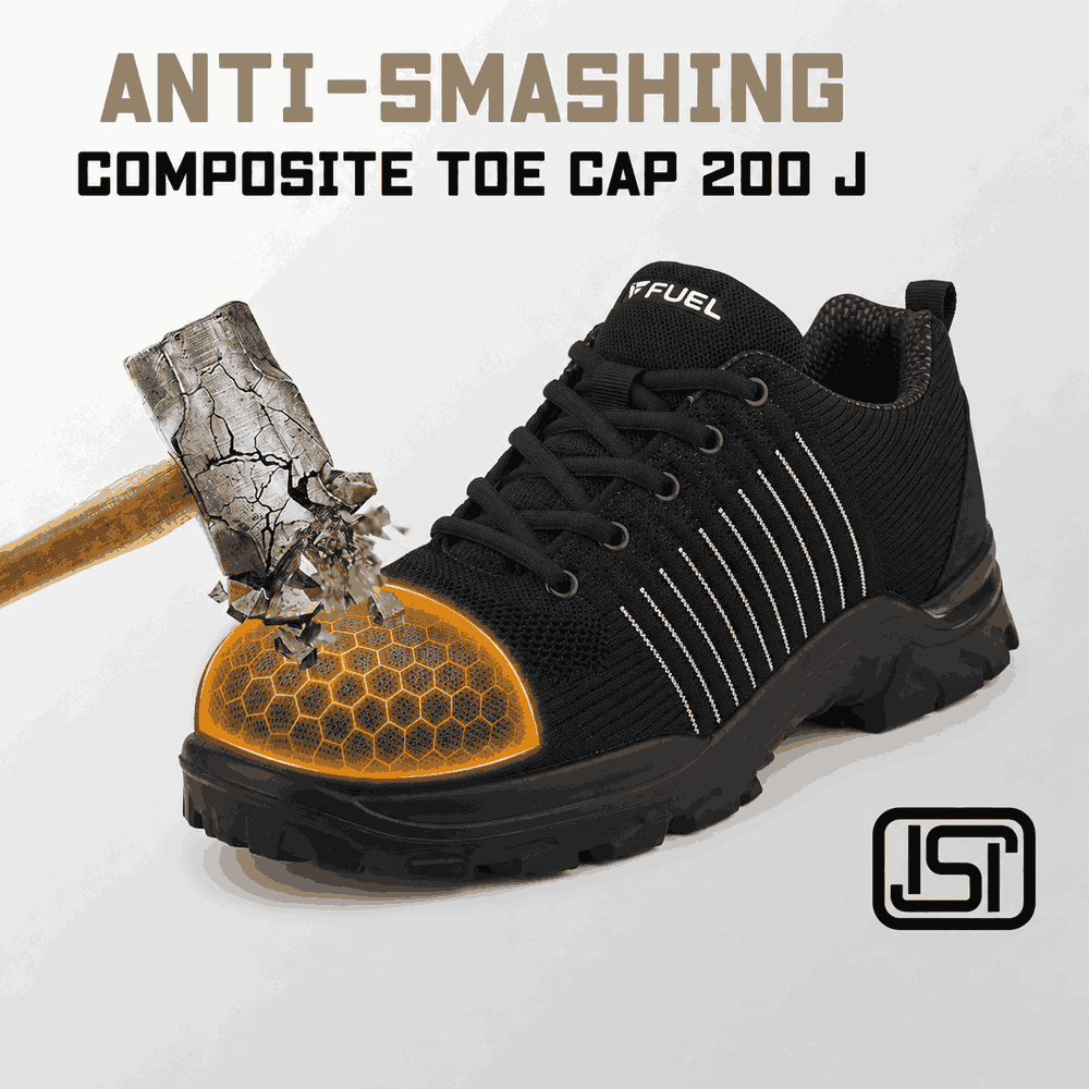 FUEL Aqua Knitted Upper in PU Sole with 200J Composite Toe Lightweight Industrial Work Safety Shoes for Men (Black)