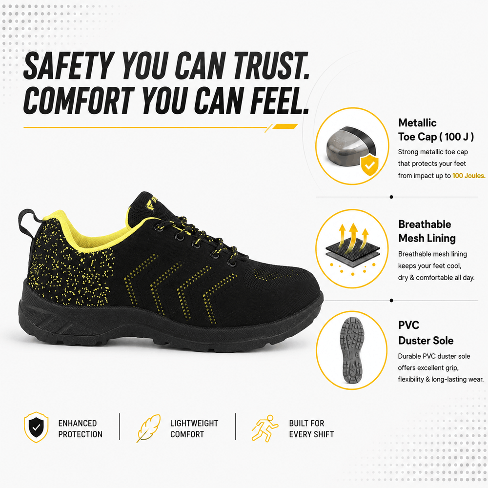 FUEL Arsenal Lightweight Safety Shoes for Men – Durable Industrial Sports Design with Strong Knitted Upper, PVC Sole, and 100J Metallic Toe Cap (UK 6–