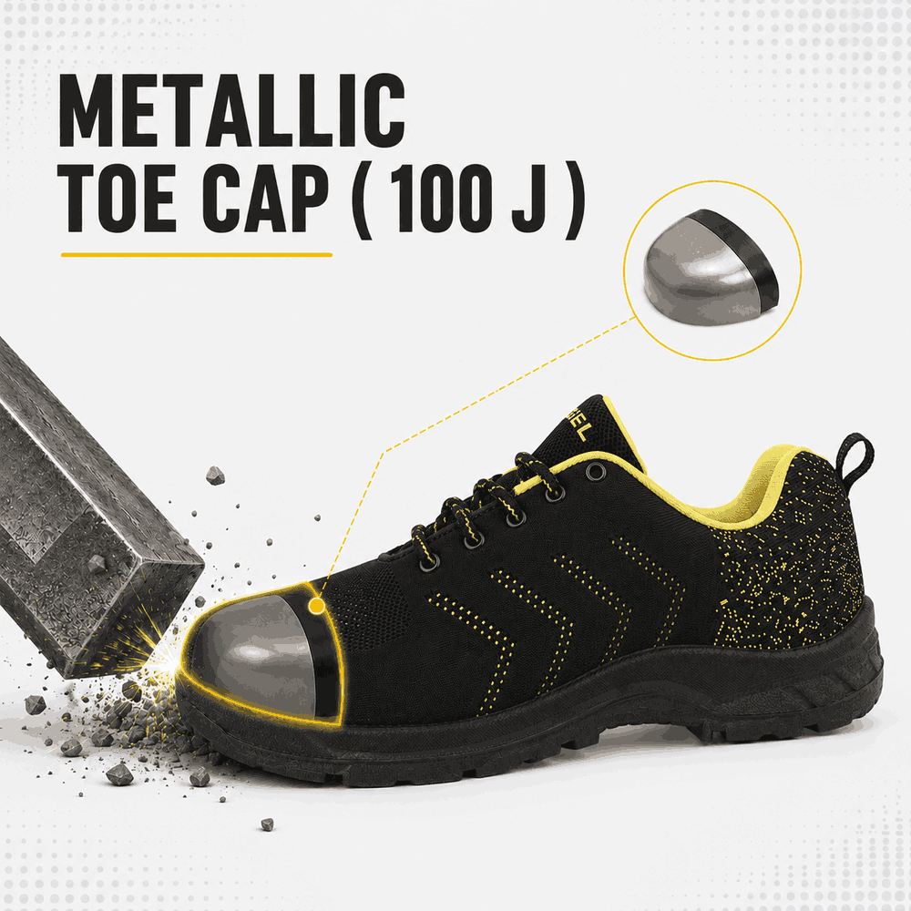 FUEL Arsenal Lightweight Safety Shoes for Men – Durable Industrial Sports Design with Strong Knitted Upper, PVC Sole, and 100J Metallic Toe Cap (UK 6–
