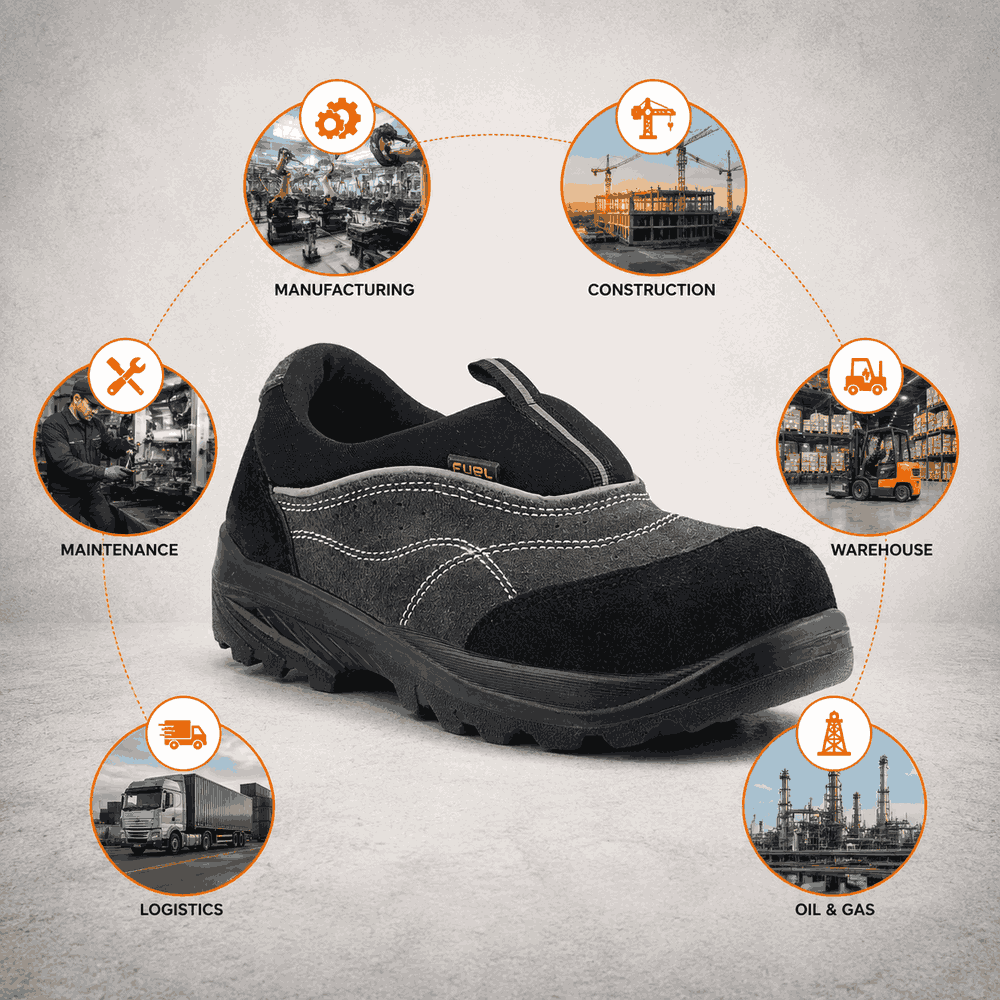FUEL Slip-on Industrial PU Single Density Sole Safety Shoes for Men with 200J Steel Toe (Black)