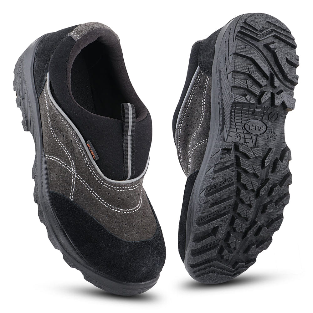 FUEL Slip-on Industrial PU Single Density Sole Safety Shoes for Men with 200J Steel Toe (Black)