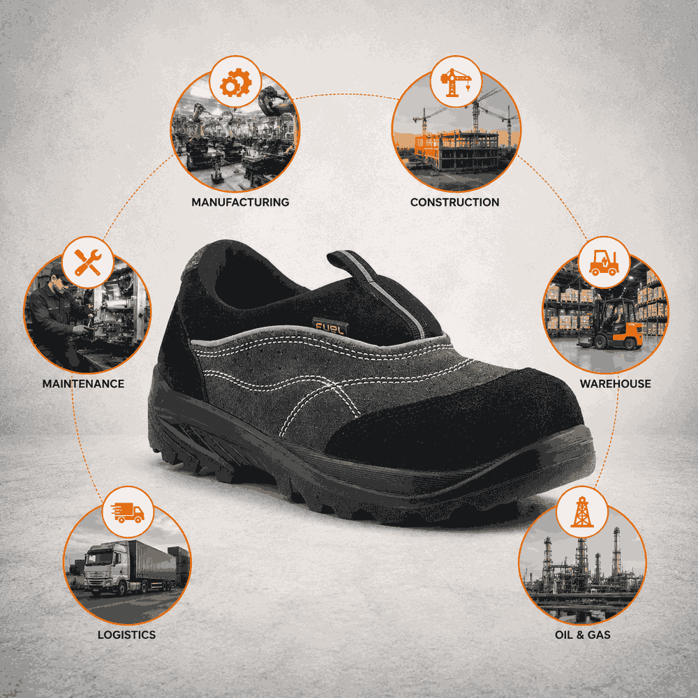 FUEL Slip-on Industrial PU Single Density Sole Safety Shoes for Men with 200J Steel Toe (Black)