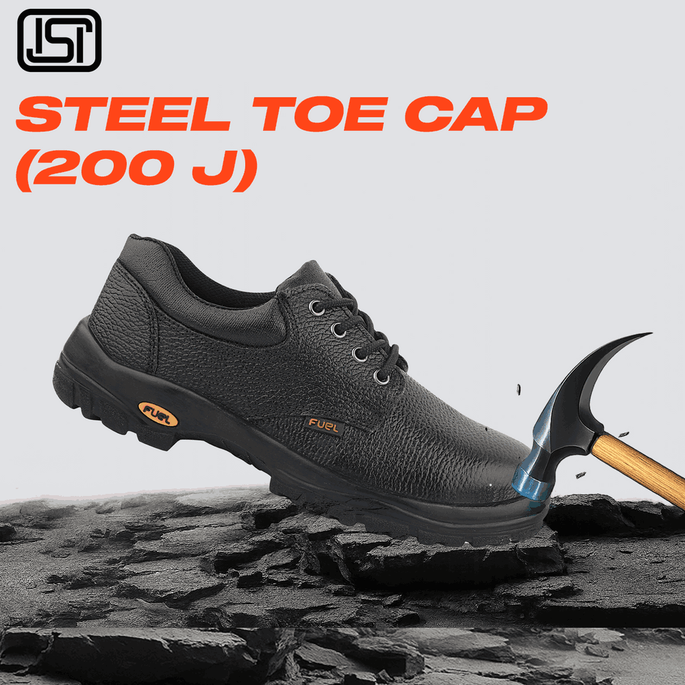 FUEL Falcon-01 Genuine Leather Industrial Safety Shoes for Men's with Steel Toe Cap in Single Density PU Sole (Black)