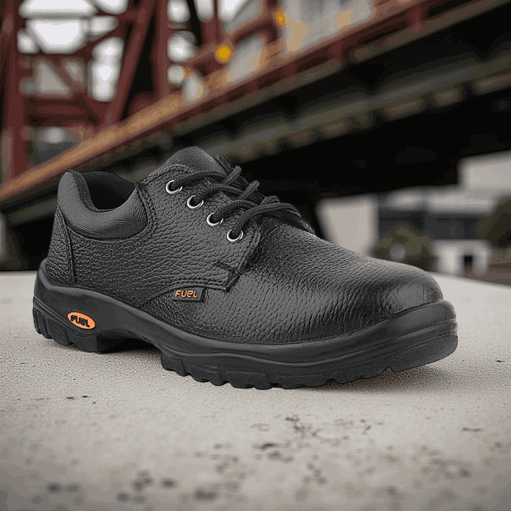 FUEL Falcon-01 Genuine Leather Industrial Safety Shoes for Men's with Steel Toe Cap in Single Density PU Sole (Black)