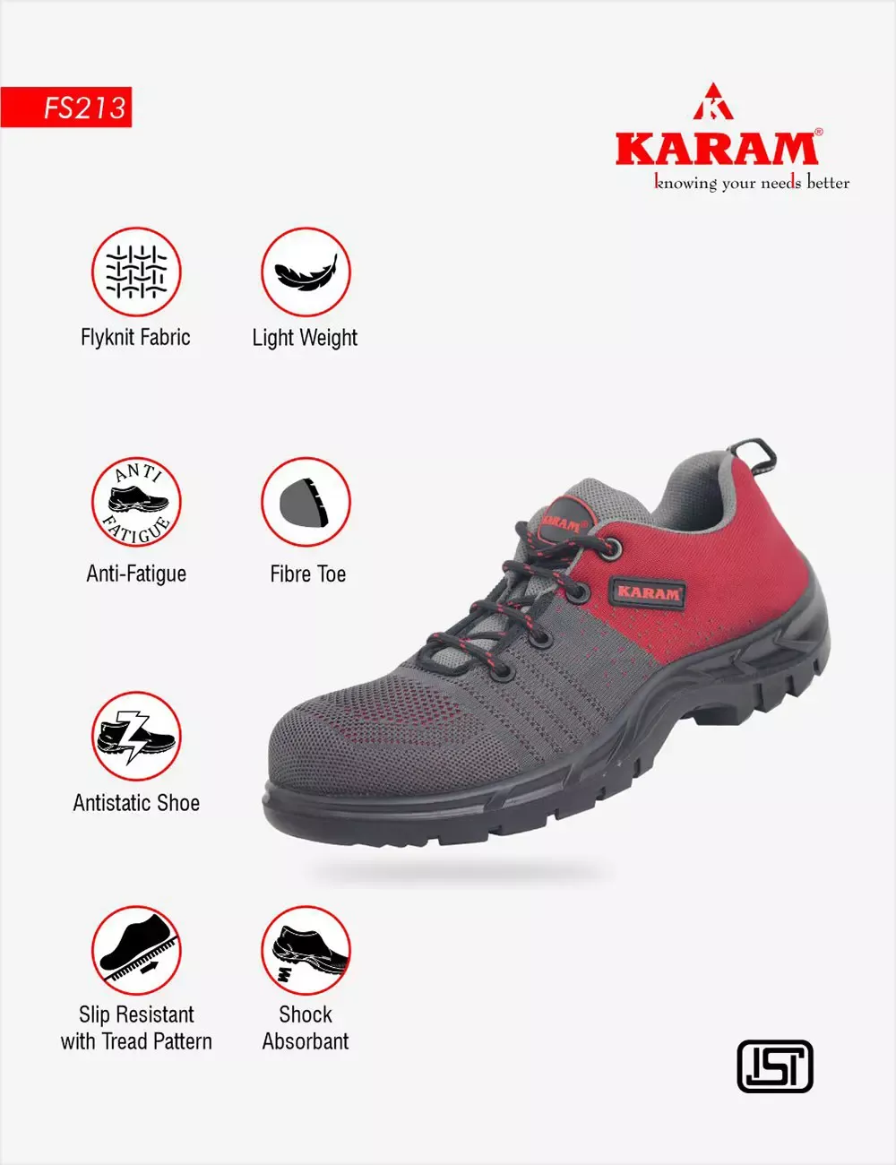 Flytex Red and Grey Sporty Safety Shoes, FS213FN(FWSAMN)