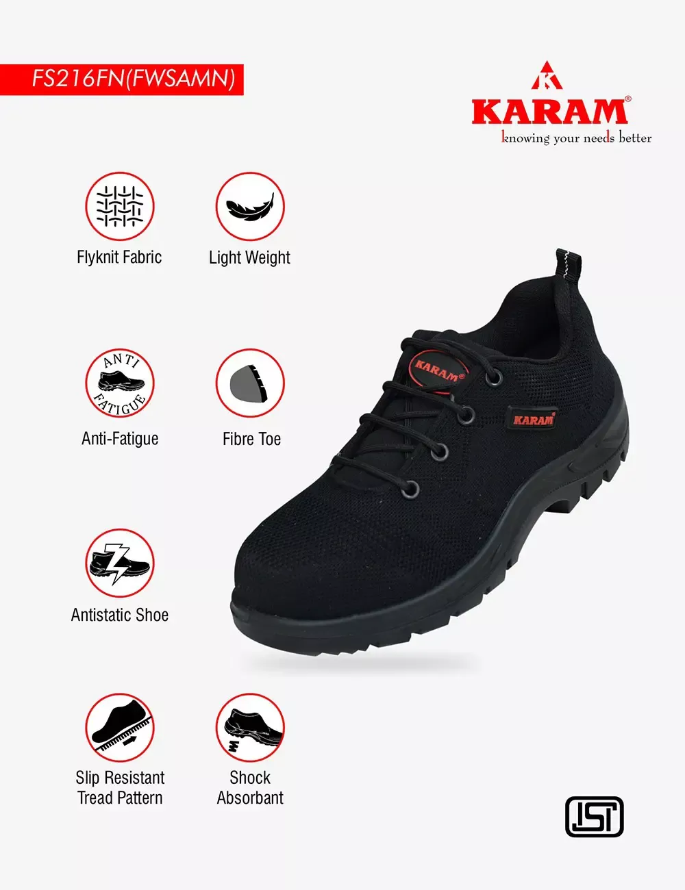 Flytex Black Sporty Slip-on Safety Shoes, FS216FN(FWSAMN)