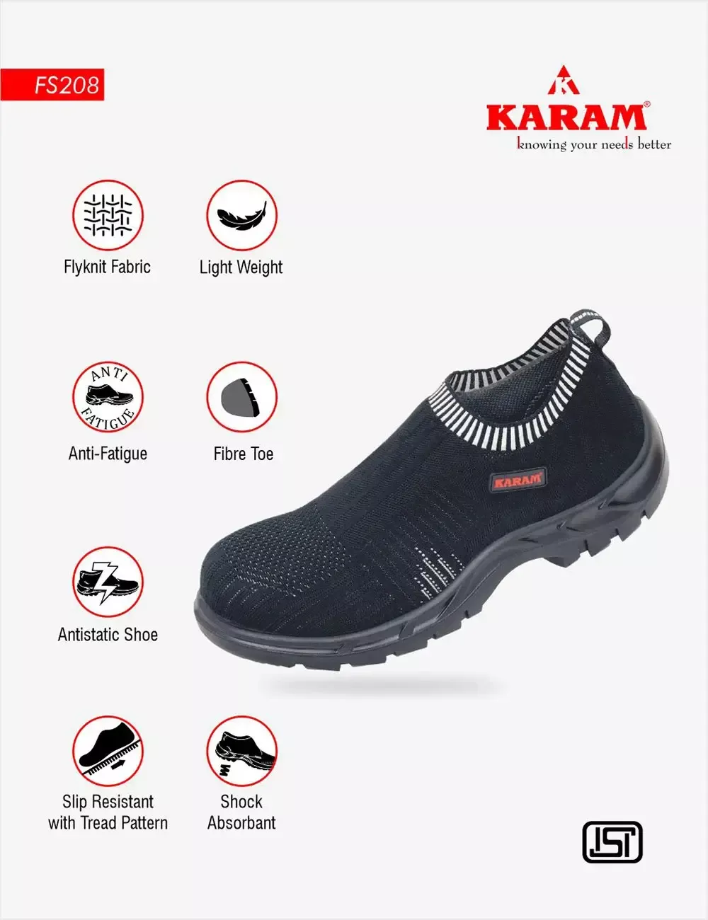 Flytex Black Slip-On Sporty Safety Shoes, FS208FN(FWSAMN)