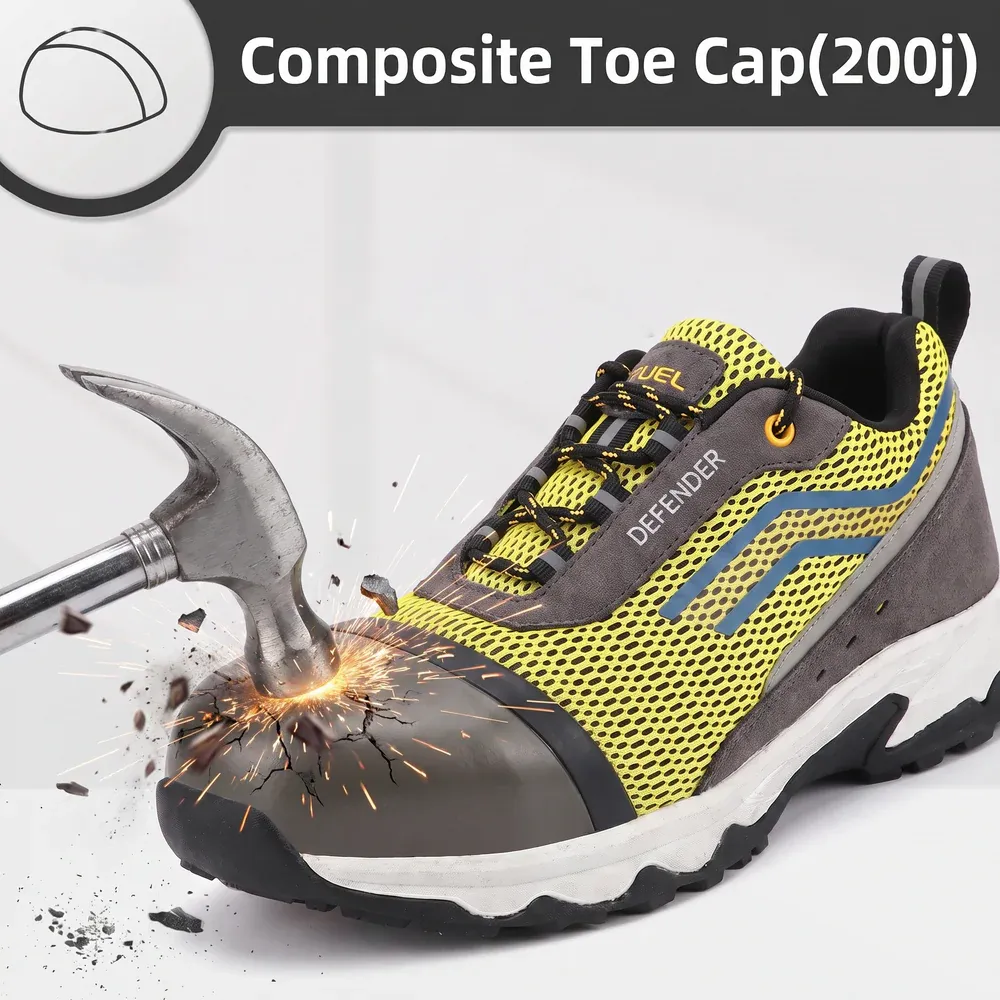 FUEL Defender EVA+Rubber Anti-Slip Sole and Breathable Mesh Upper with Lightweight Composite Toe Lace-Up Industrial Work Safety Shoes for Men's (Black