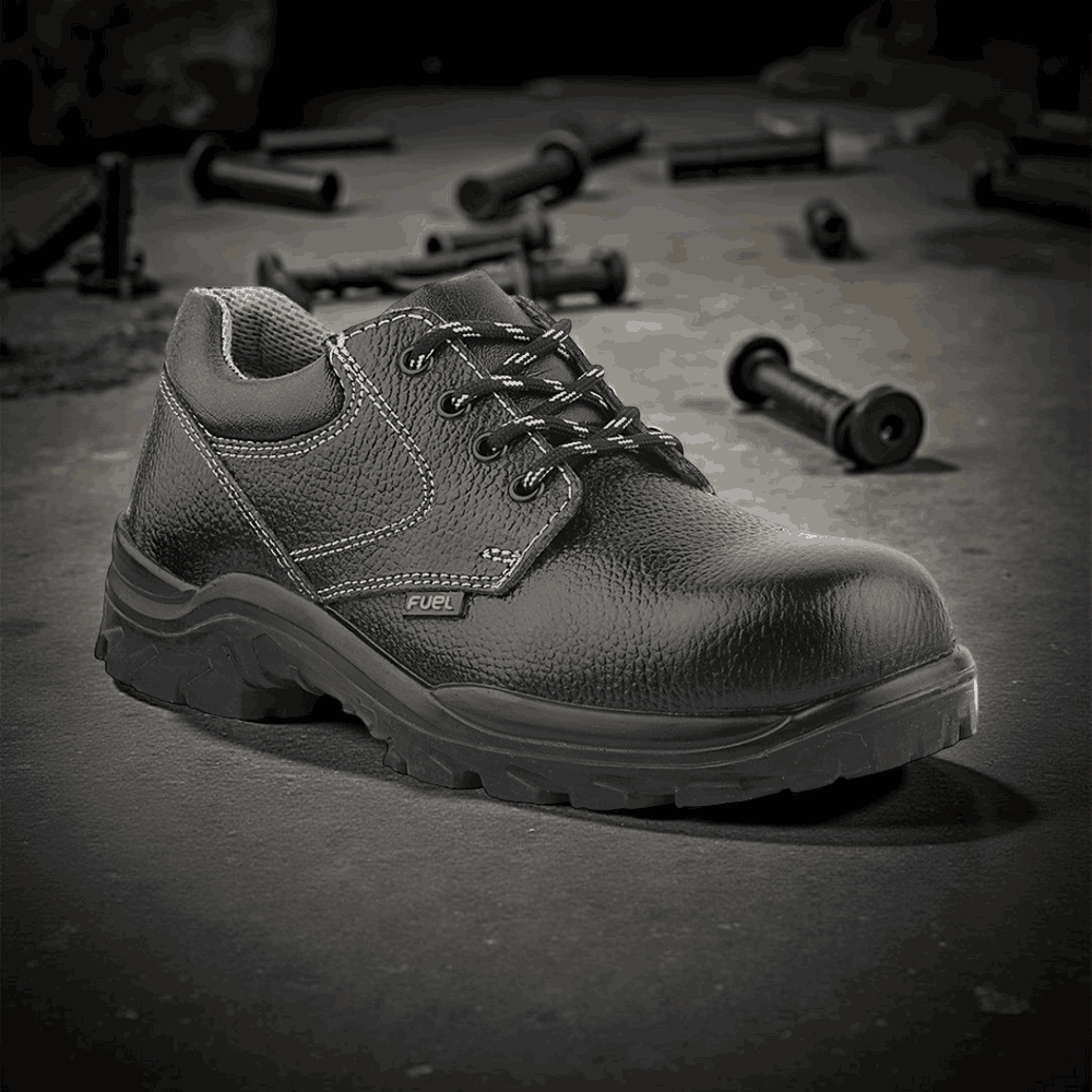 FUEL Gorilla Grain Leather Industrial PU Single Density Safety Shoes for Men's (Black)