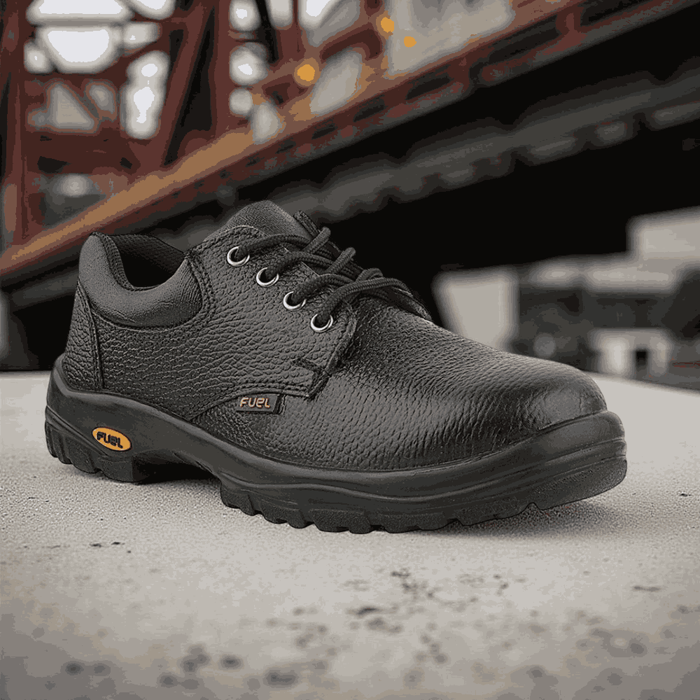 FUEL Falcon-01 Genuine Leather Industrial Safety Shoes for Men's with Steel Toe Cap in Single Density PU Sole (Black)